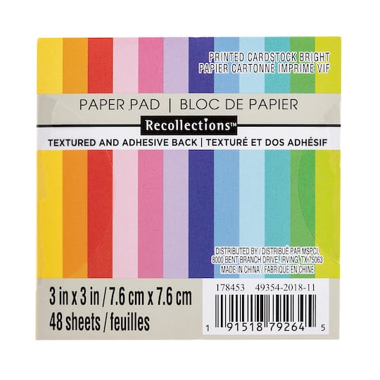 Bright Textured Adhesive Back Cardstock Paper Pad by Recollections&#x2122;, 3&#x22; x 3&#x22;